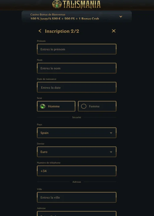 >L'inscription Talismania Casino